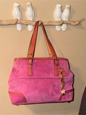 Coach Pink Suede Tote with Leather Trim and Floral Charm